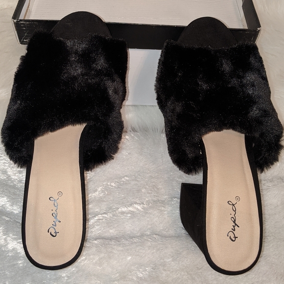 NWT Chunky Faux Fur Platform Slides Heels - Picture 4 of 8